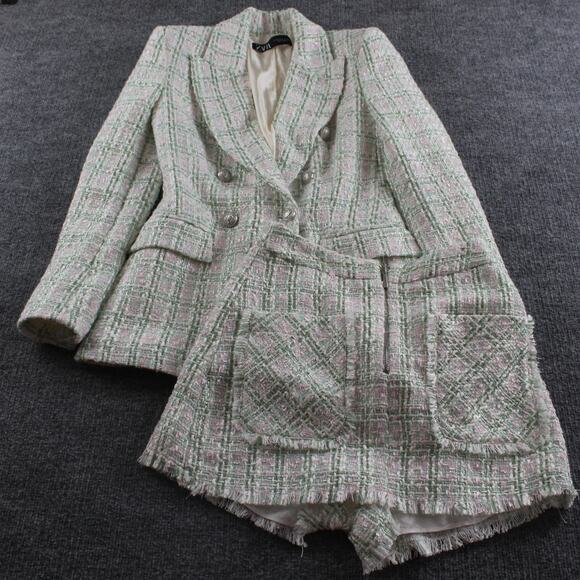 Zara Blazer Shorts Set Women XS Tweed Green Pink Double Breasted Academia Office - Picture 1 of 16